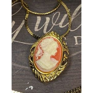 Vintage Cameo Necklace 'Girl With Ponytail' Gold Tone Frame Herringbone Chain